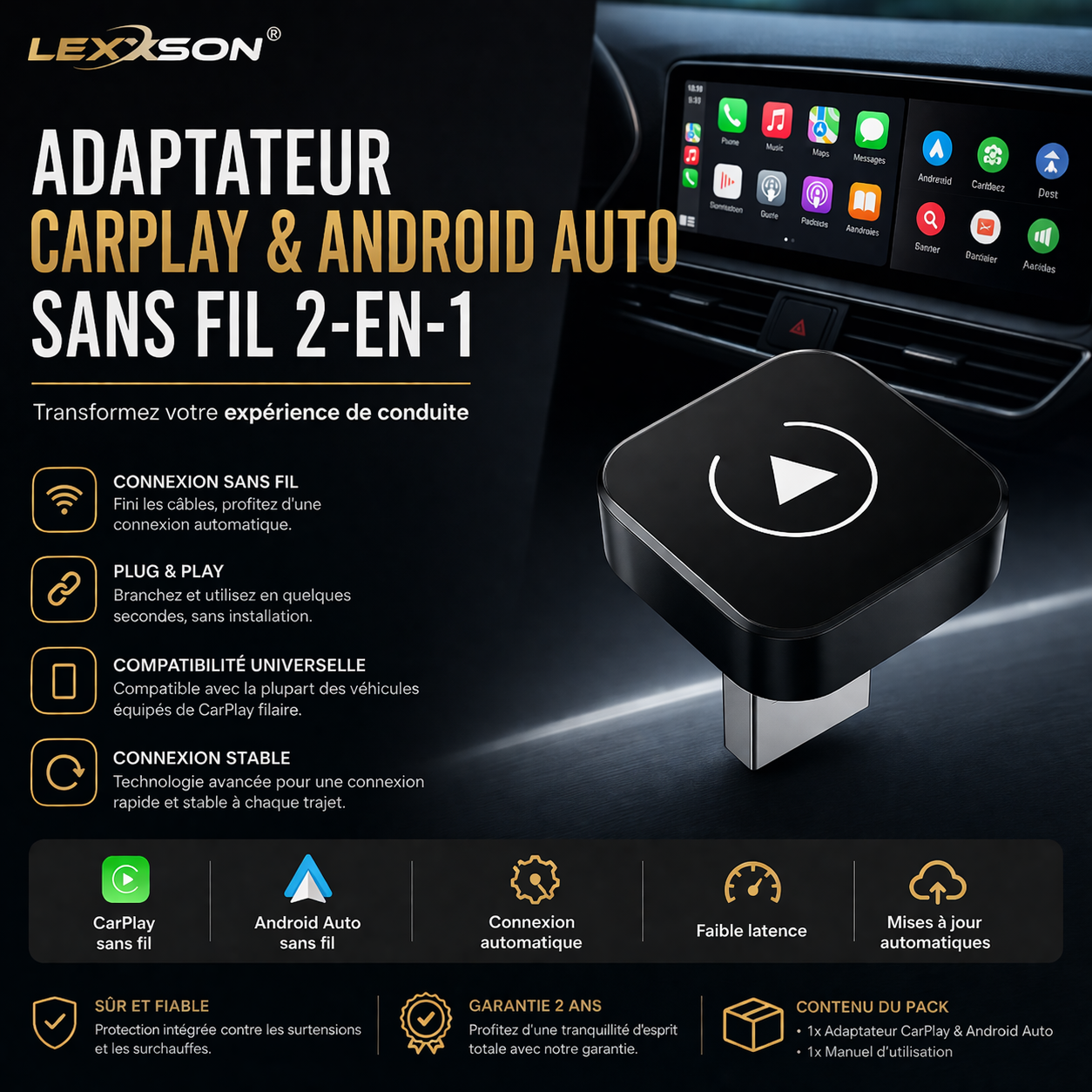 Adaptateur CarPlay Sans Fil 2-en-1 | Android Auto Wireless Plug & Play