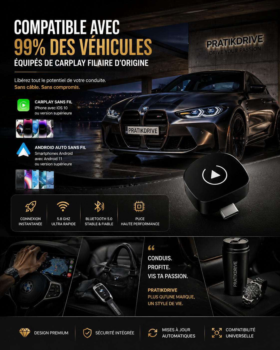 Adaptateur CarPlay Sans Fil 2-en-1 | Android Auto Wireless Plug & Play